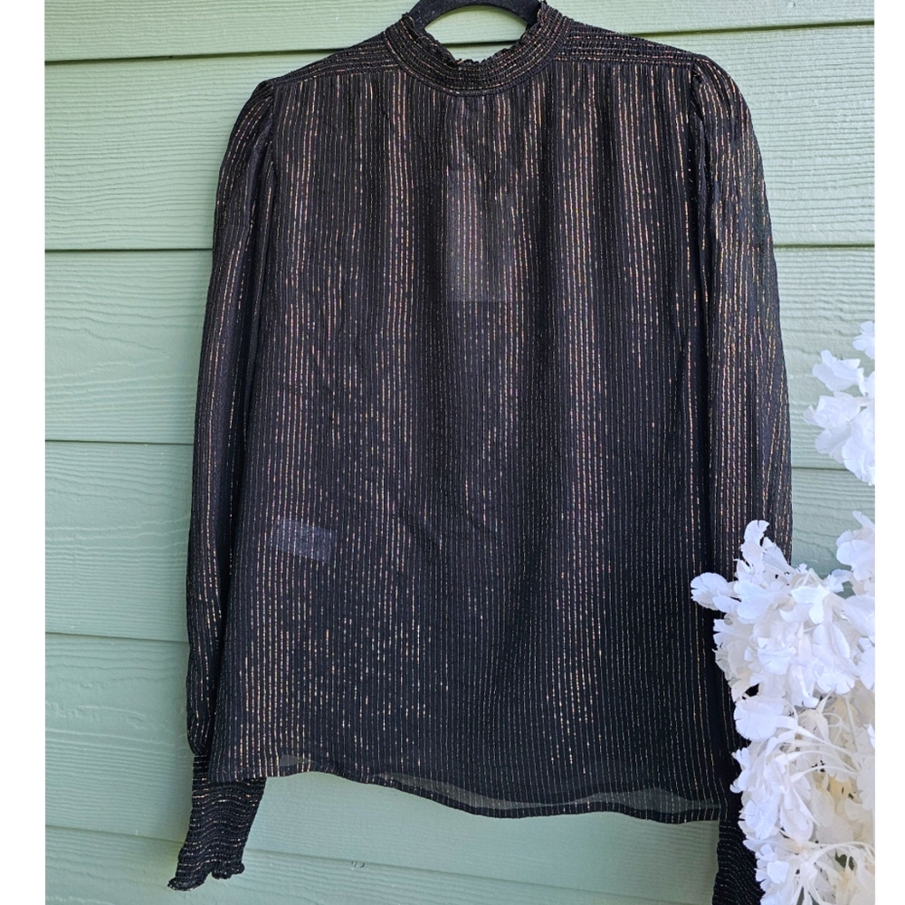 A.L.C Black Metallic Gold Allover Stripes, Mock Neck Long Sleeve Silk Blous Top - Picture 3 of 7